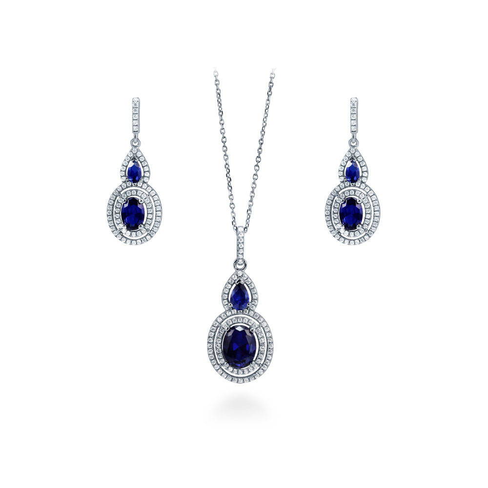 Halo Sapphire-Blue Oval CZ Set in Sterling Silver
