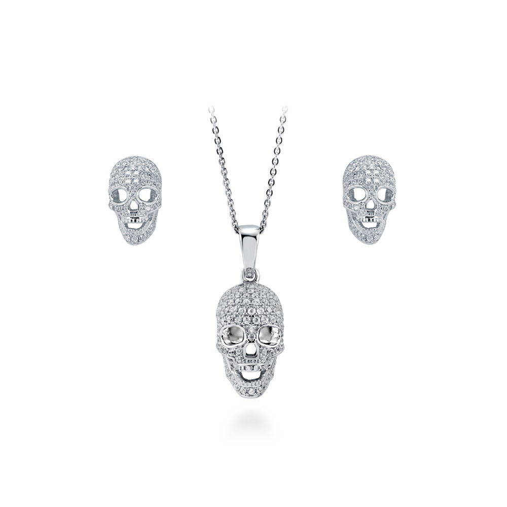 Skull Bones CZ Necklace and Earrings Set in Sterling Silver