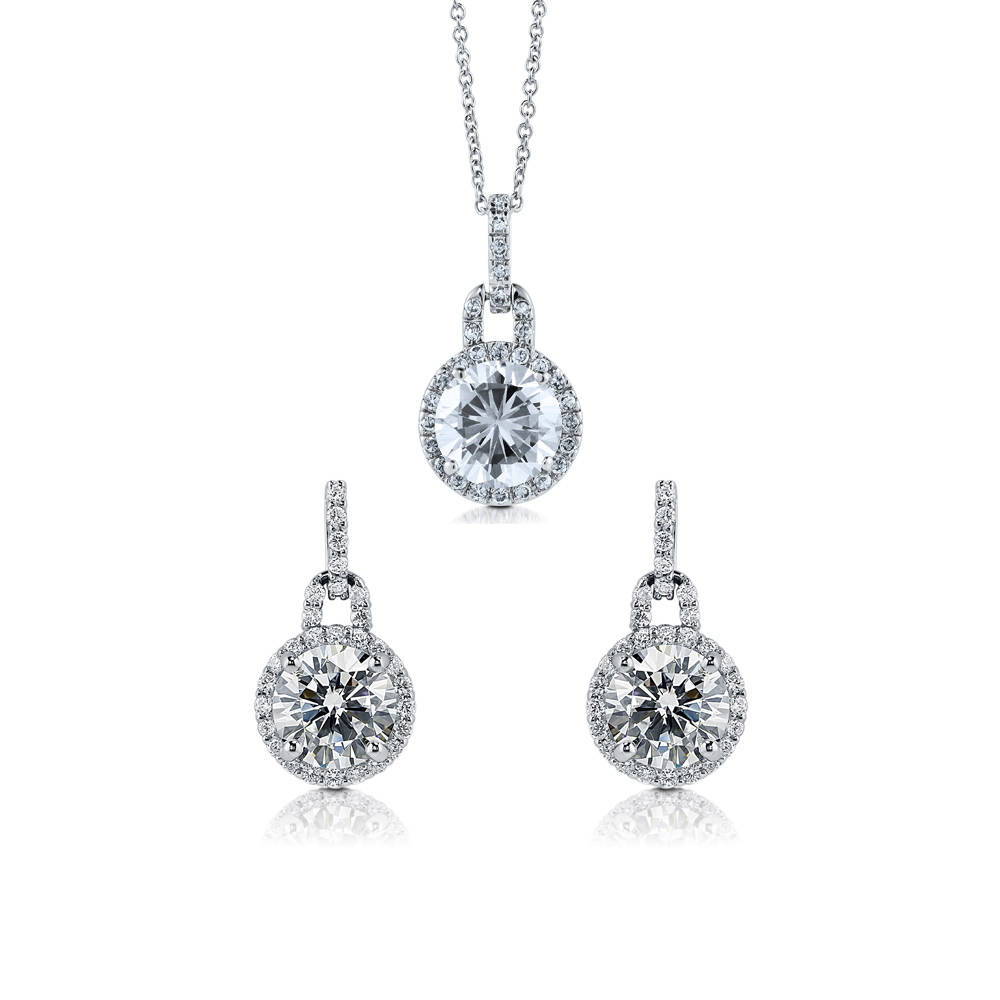 Halo Round CZ Necklace and Earrings Set in Sterling Silver