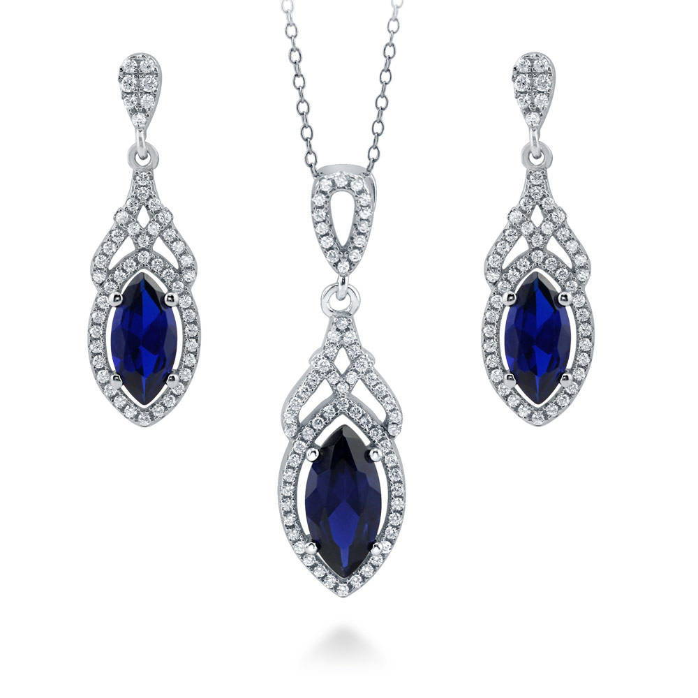 Halo Simulated Blue Sapphire Marquise CZ Set in Sterling Silver