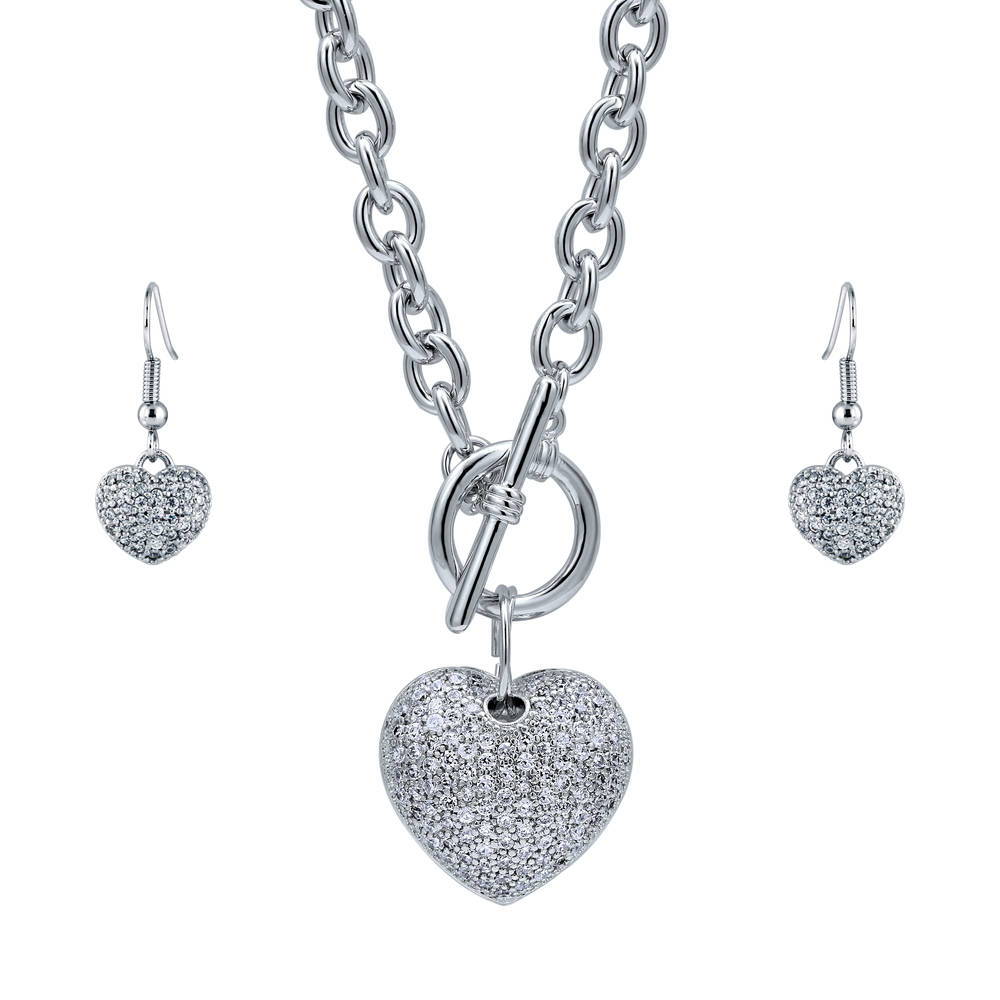 Heart CZ Necklace and Earrings Set in Silver-Tone