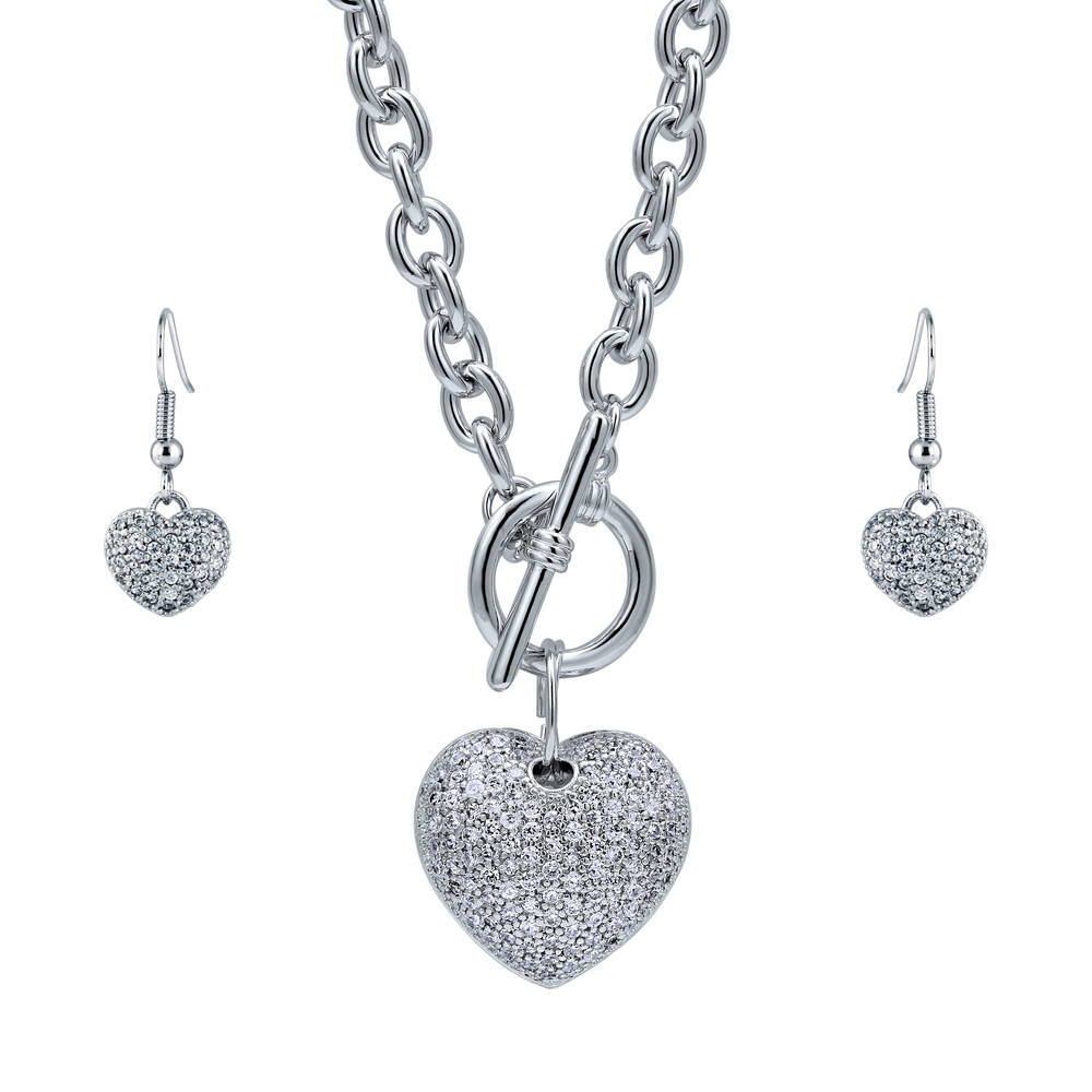 Heart CZ Necklace and Earrings Set in Silver-Tone