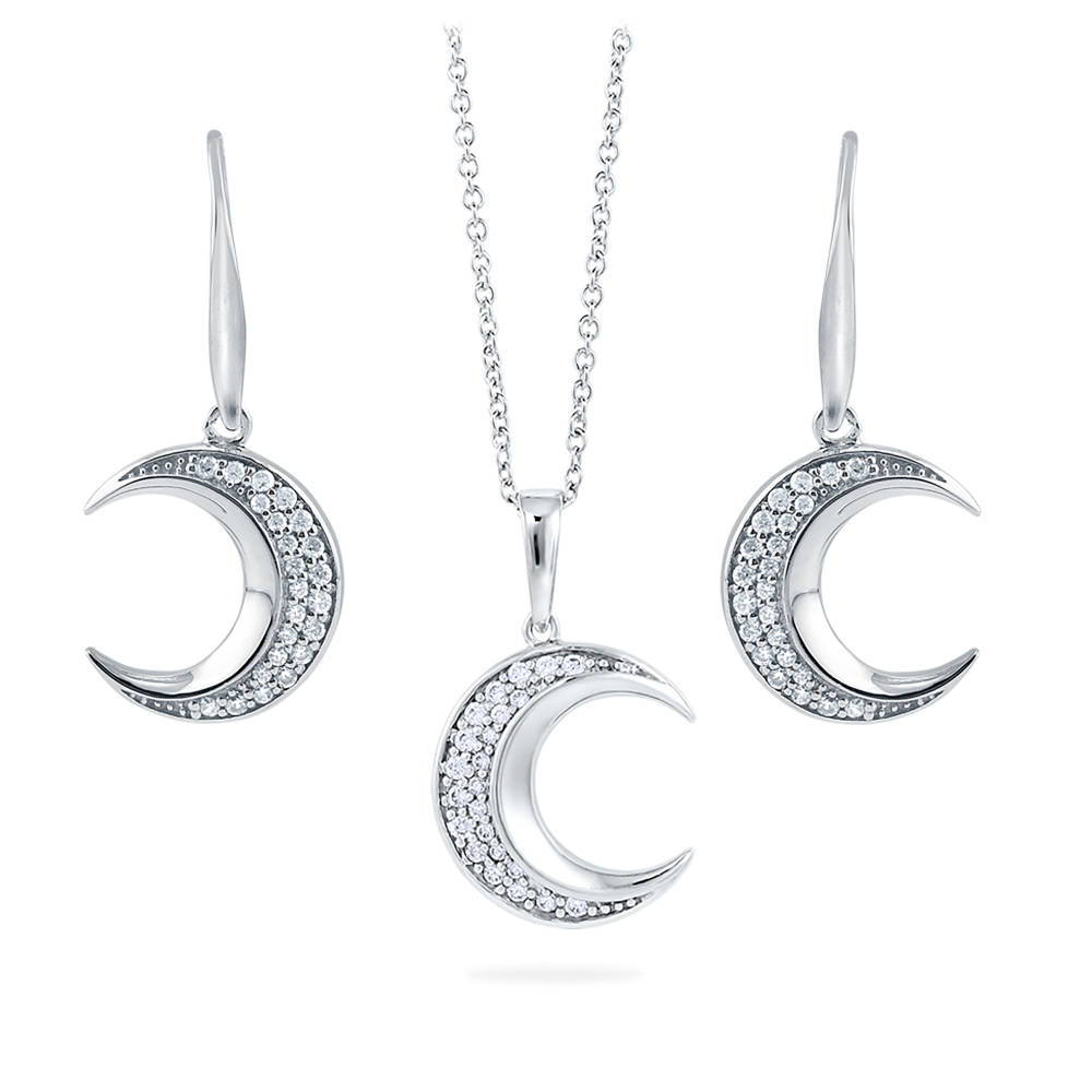 Crescent Moon CZ Necklace and Earrings Set in Sterling Silver, 1 of 14