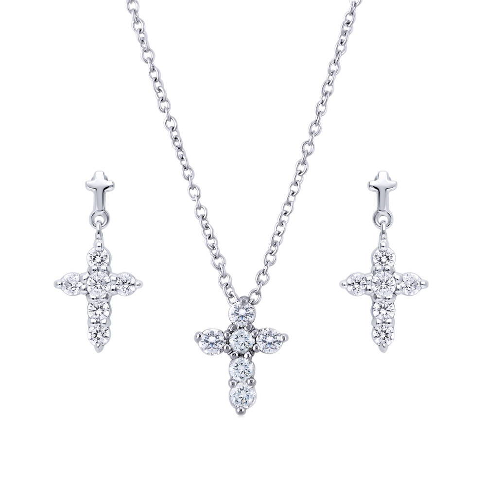 Cross CZ Necklace and Earrings Set in Sterling Silver