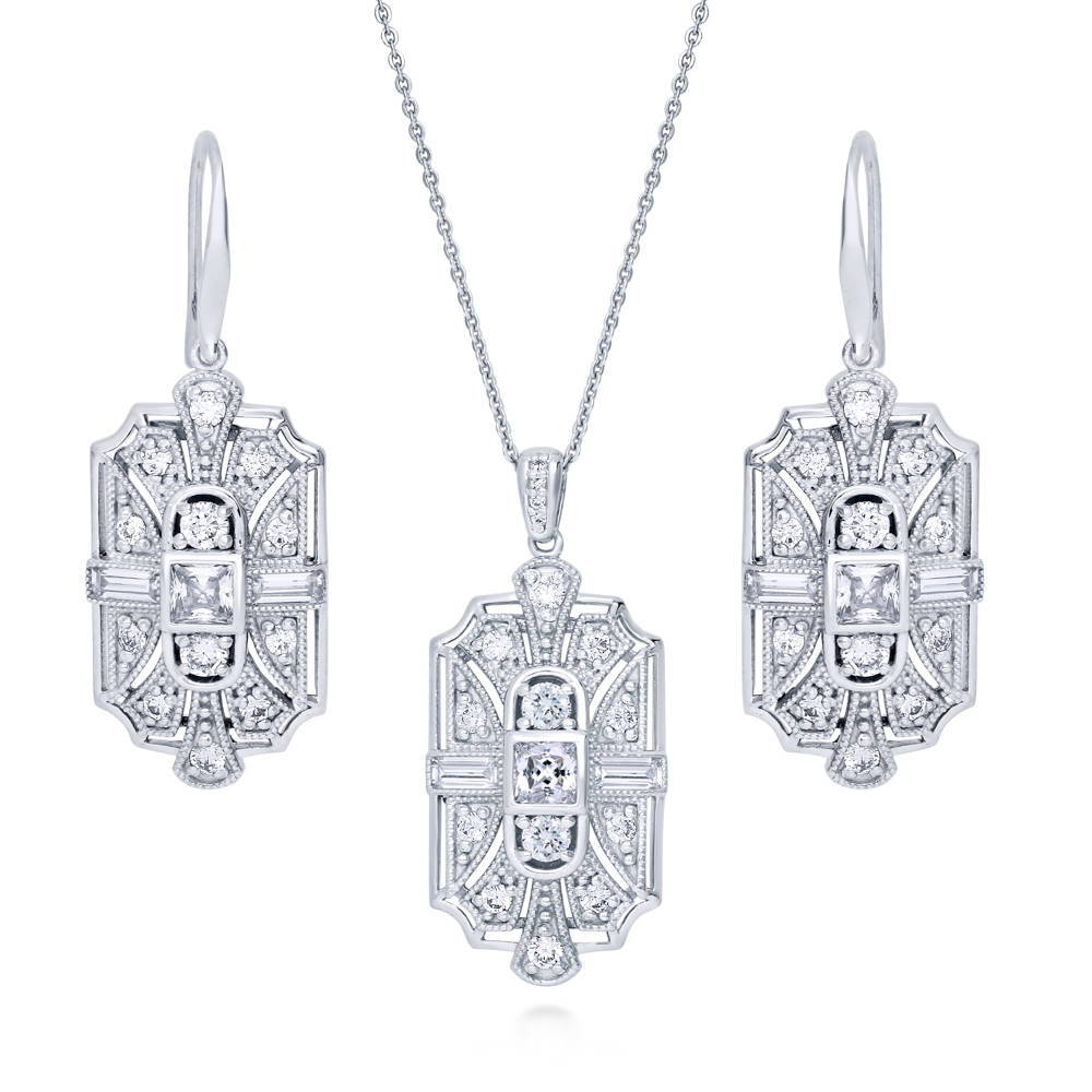 Art Deco Milgrain CZ Necklace and Earrings Set in Sterling Silver