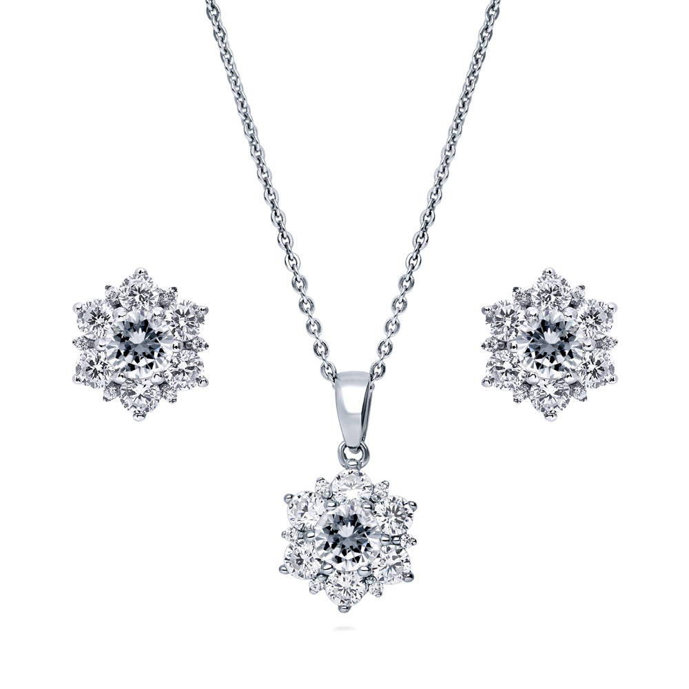 Flower Halo CZ Necklace and Earrings Set in Sterling Silver