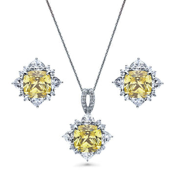 Flower Halo Canary CZ Set in Sterling Silver