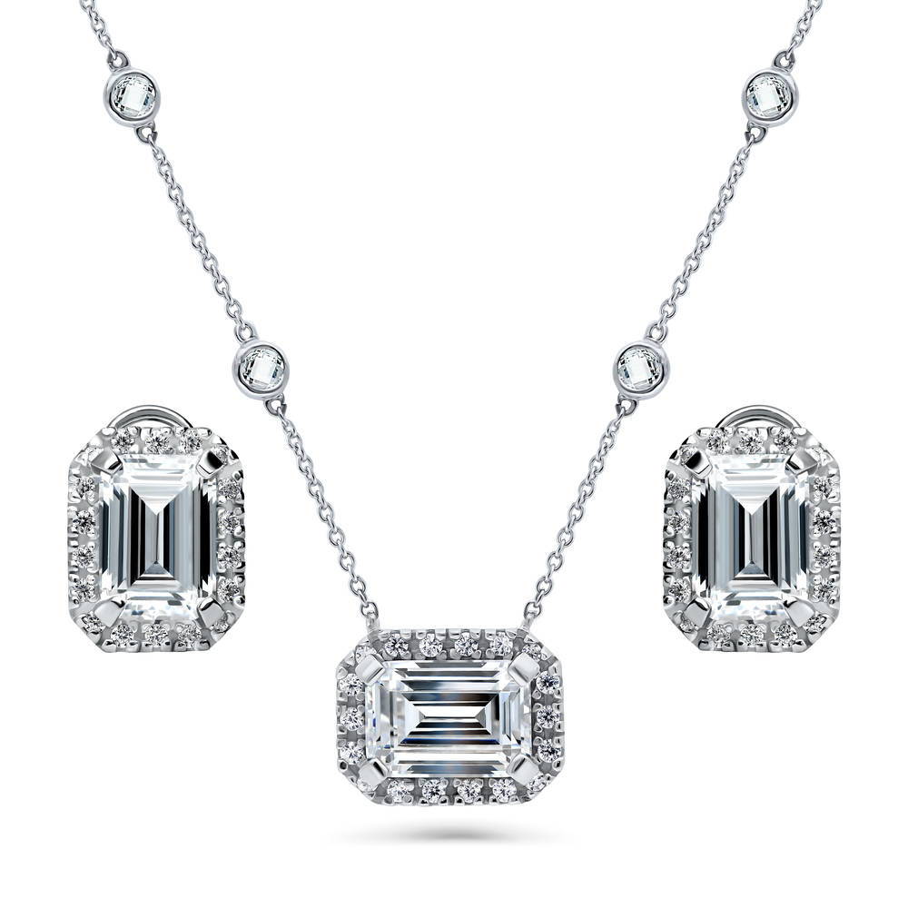 East-West Halo CZ Necklace and Earrings Set in Sterling Silver