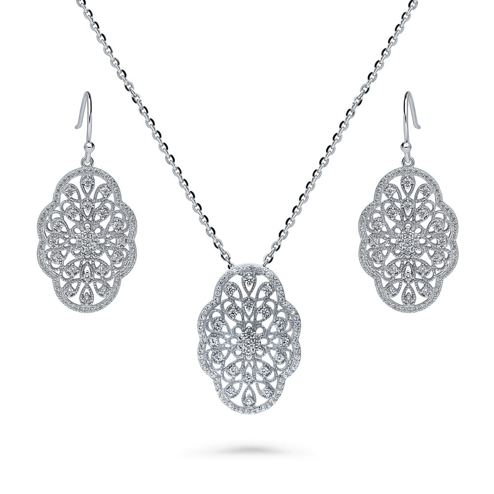 Flower Art Deco CZ Necklace and Earrings Set in Sterling Silver