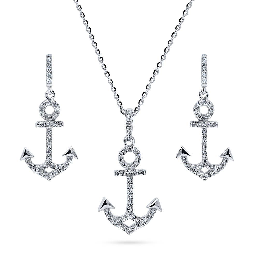 Anchor CZ Necklace and Earrings Set in Sterling Silver