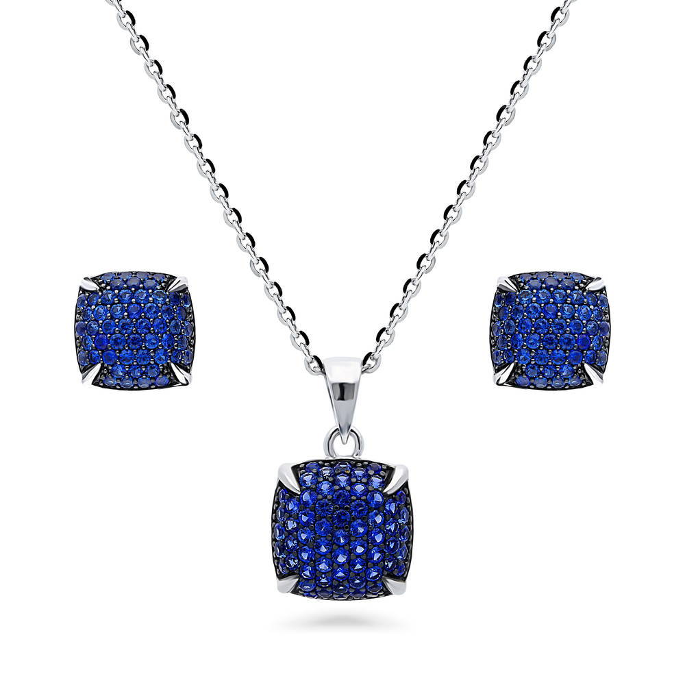 Milgrain Blue CZ Necklace and Earrings Set in Sterling Silver, 1 of 9