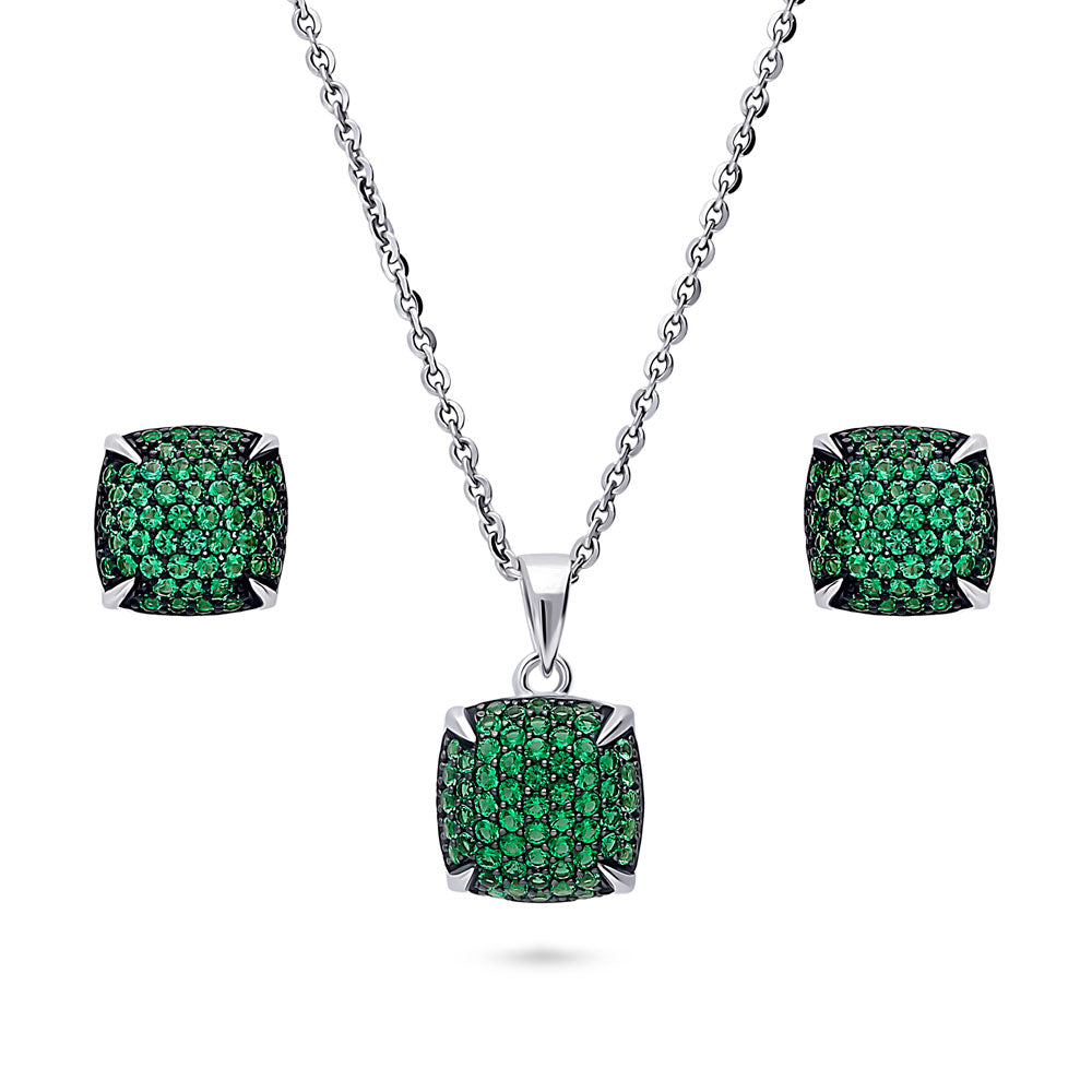 Square Green CZ Necklace and Earrings Set in Sterling Silver, 1 of 12