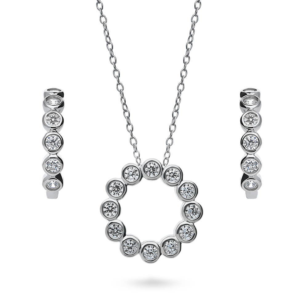 Open Circle Bubble CZ Necklace and Hoop Earrings Set in Sterling Silver