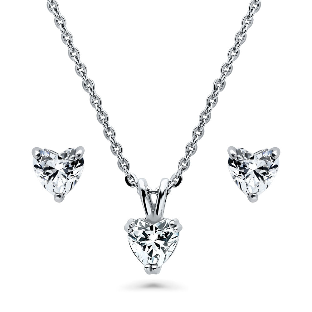 Heart Solitaire CZ Necklace and Earrings Set in Sterling Silver