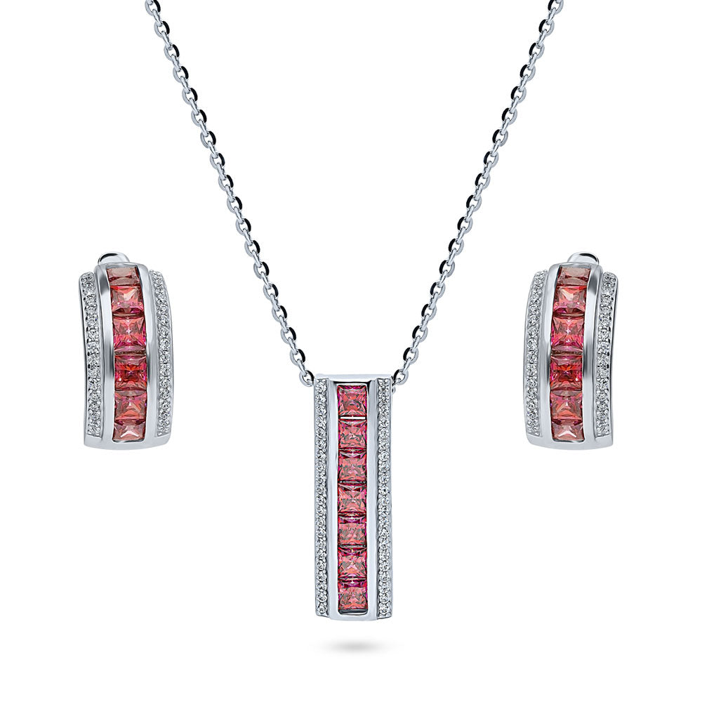 Dome Bar Red CZ Necklace and Huggie Earrings Set in Sterling Silver
