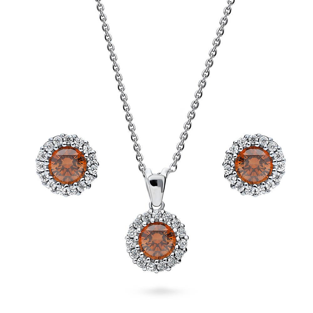 Halo Caramel Round CZ Necklace and Earrings Set in Sterling Silver, 1 of 13