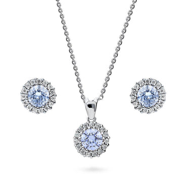 Halo Greyish Blue Round CZ Necklace and Earrings Set in Sterling Silver