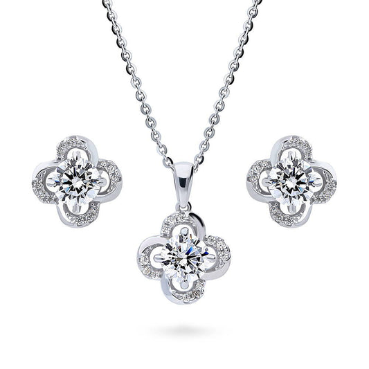 Flower CZ Necklace and Earrings Set in Sterling Silver
