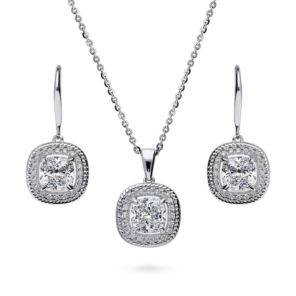 Halo Woven Cushion CZ Necklace and Earrings Set in Sterling Silver