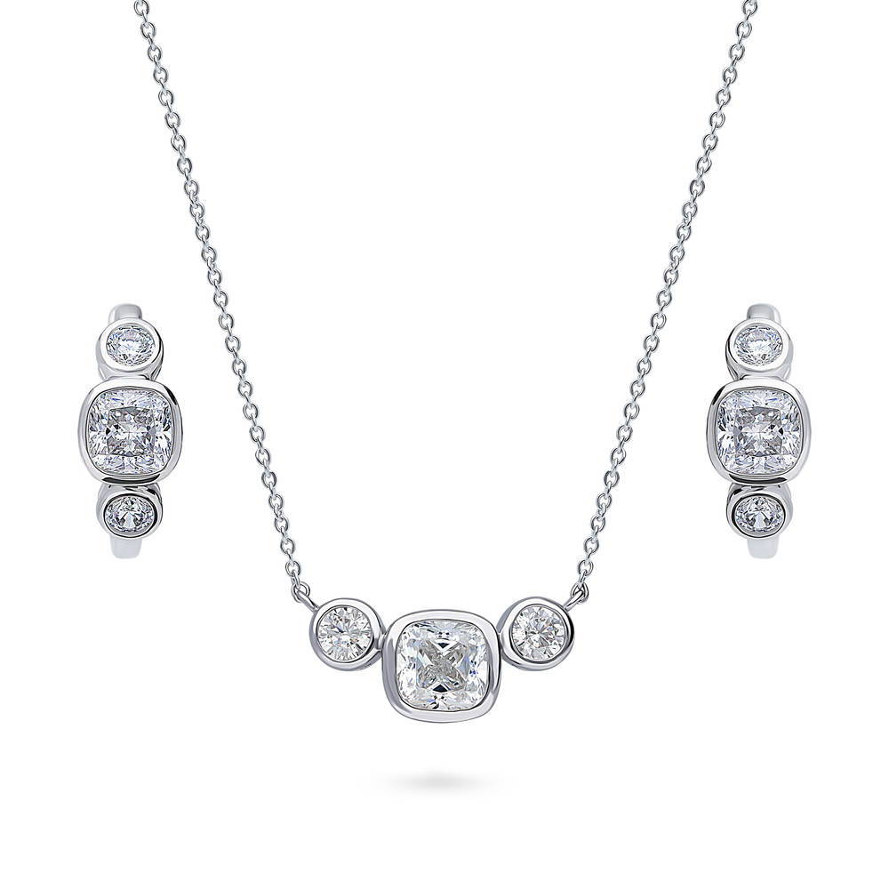 3-Stone Cushion CZ Necklace and Hoop Earrings Set in Sterling Silver, 1 of 12