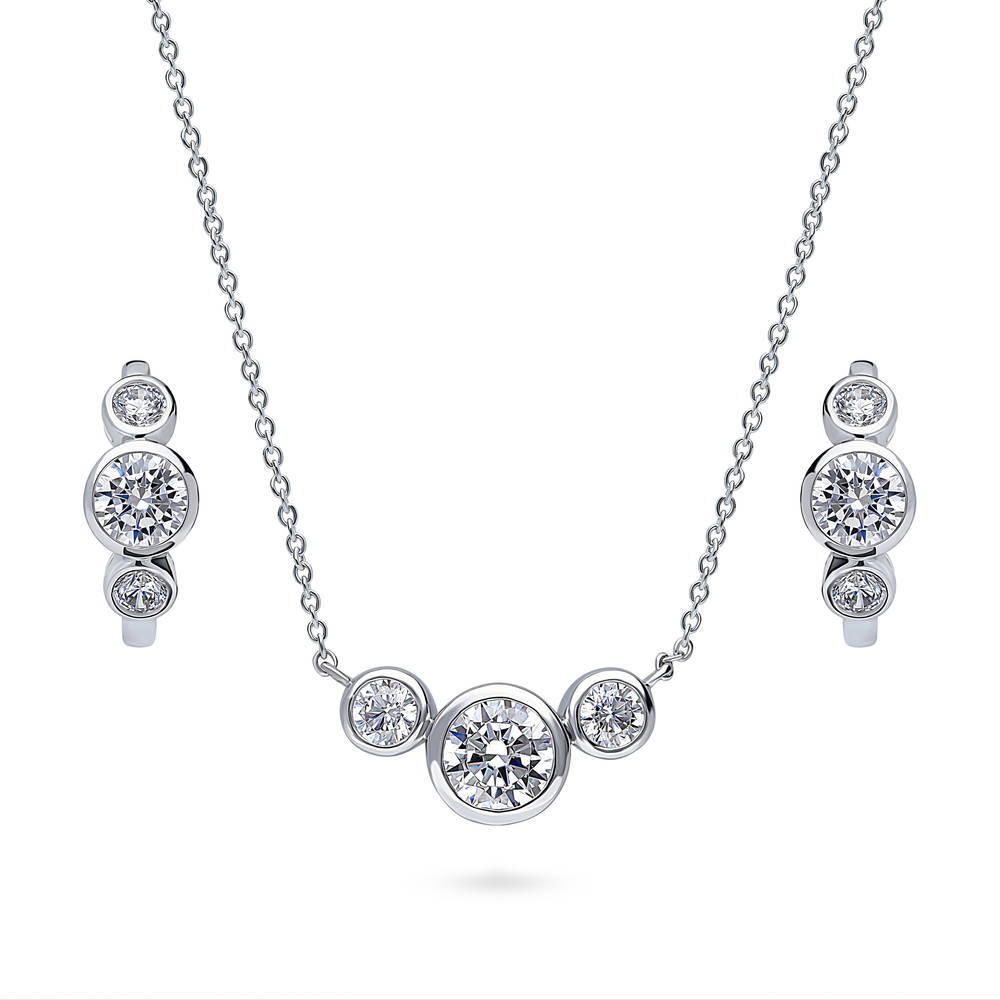 3-Stone Round CZ Necklace and Hoop Earrings Set in Sterling Silver