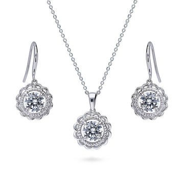 Flower Solitaire CZ Necklace and Earrings Set in Sterling Silver