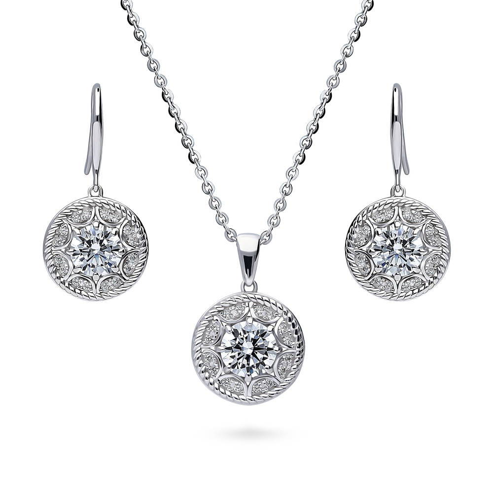 Cable Halo CZ Necklace and Earrings Set in Sterling Silver