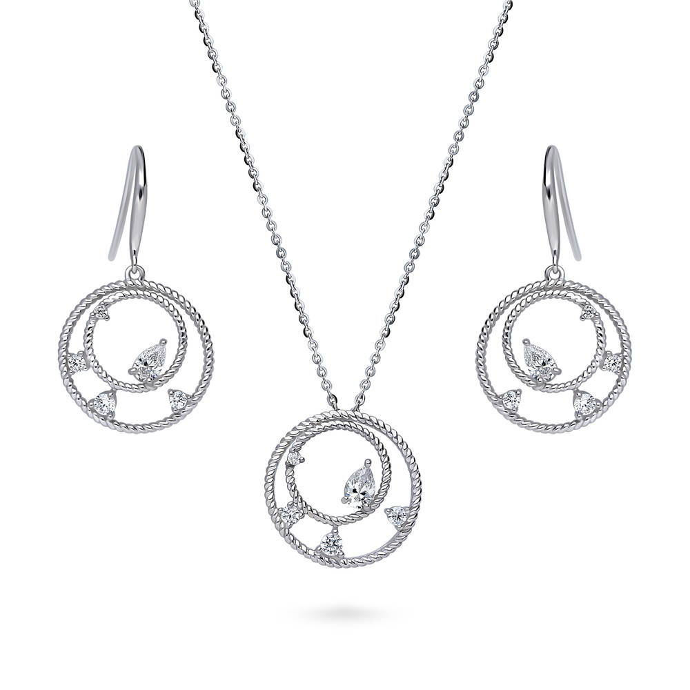 Cable Open Circle CZ Necklace and Earrings Set in Sterling Silver