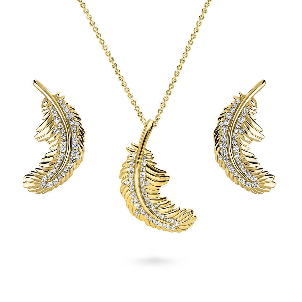 Feather CZ Necklace and Earrings Set in Gold Flashed Sterling Silver, 1 of 12