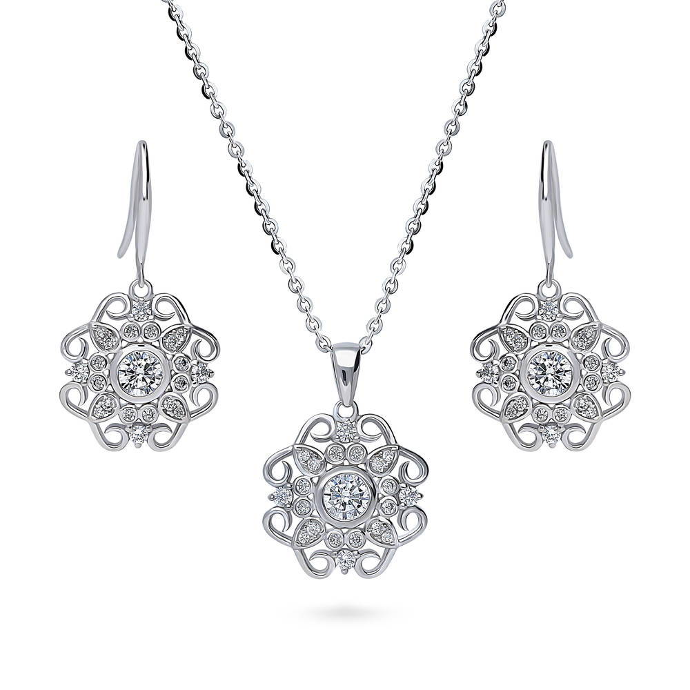 Flower Halo CZ Necklace and Earrings Set in Sterling Silver