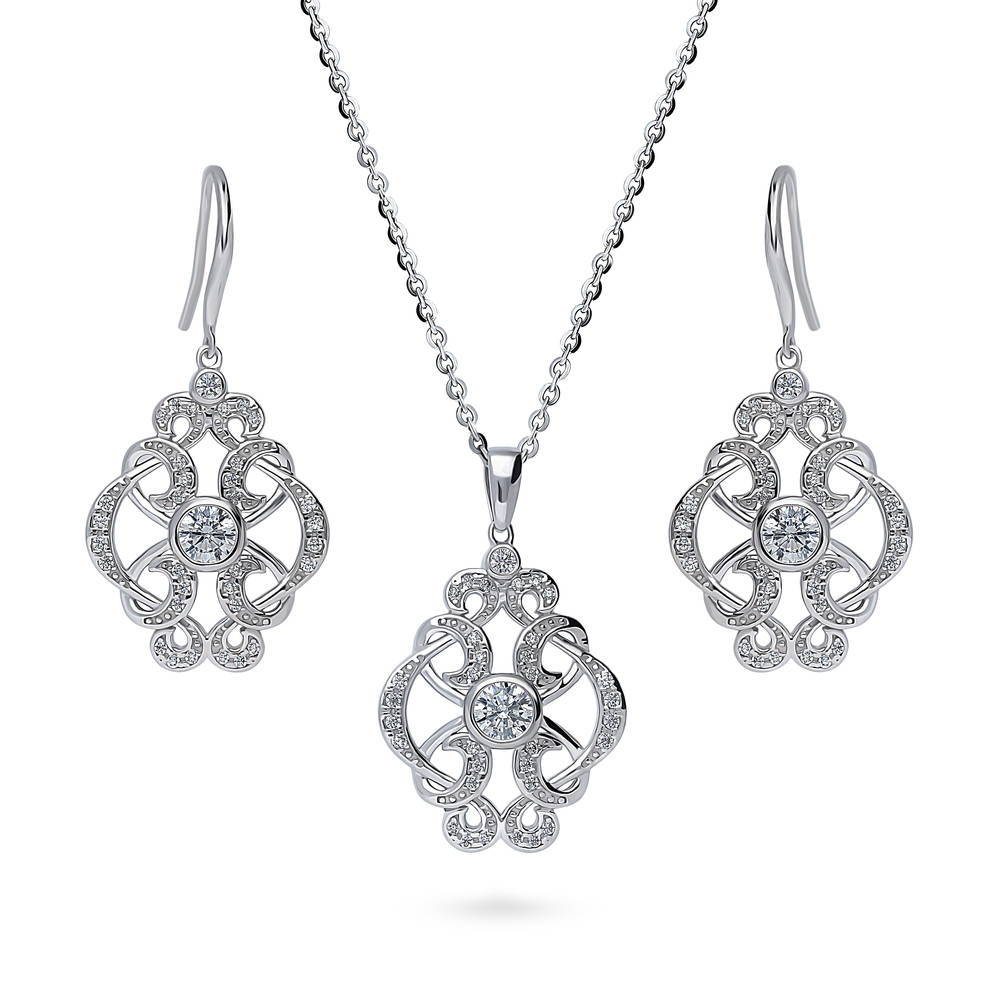 Flower Art Deco CZ Necklace and Earrings Set in Sterling Silver