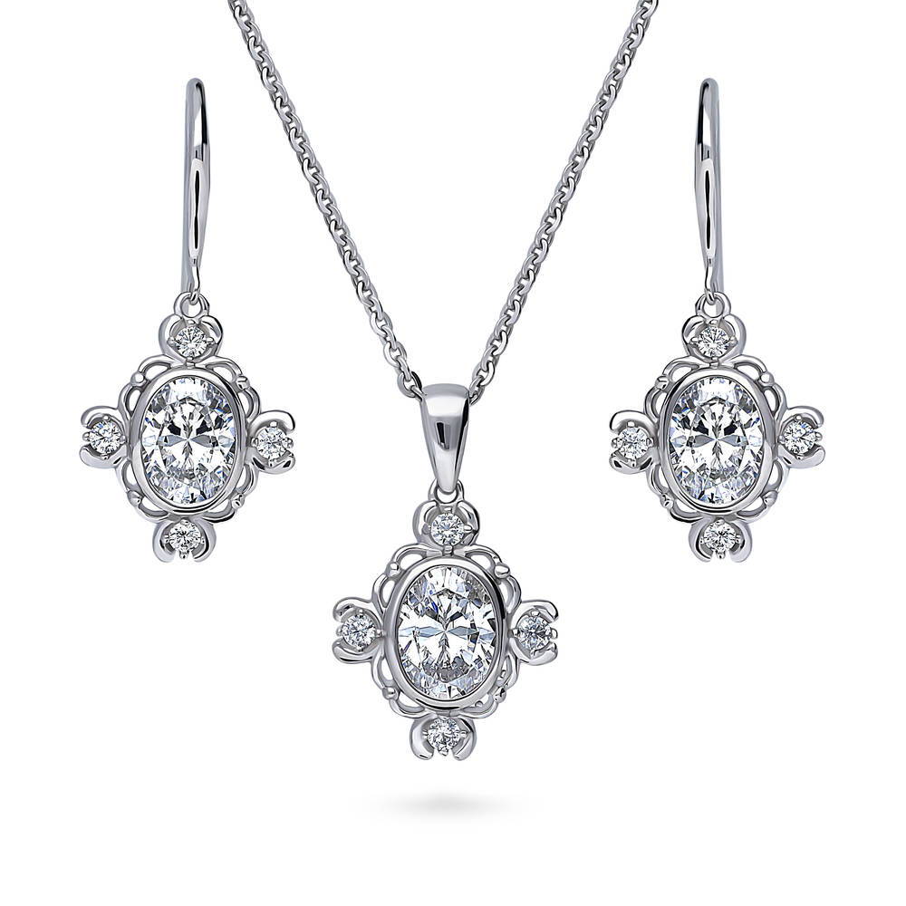 Flower Art Deco CZ Necklace and Earrings Set in Sterling Silver