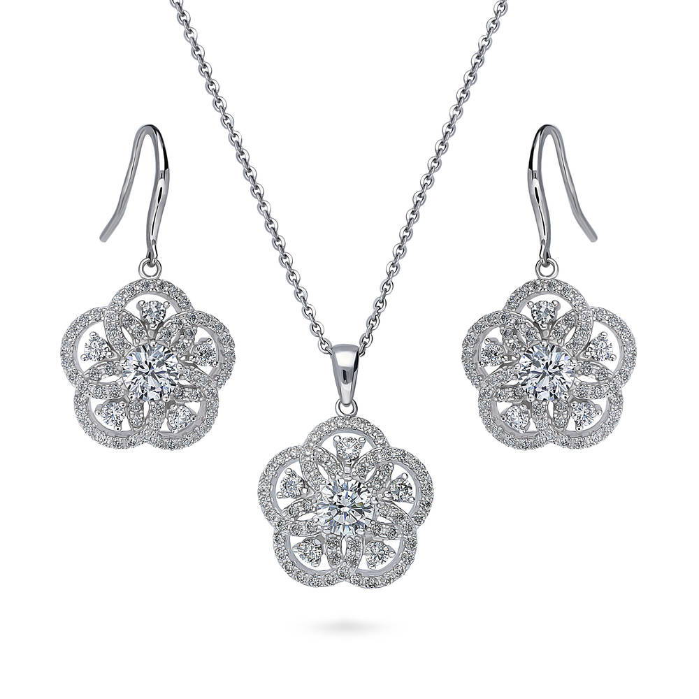 Flower CZ Statement Necklace and Earrings Set in Sterling Silver