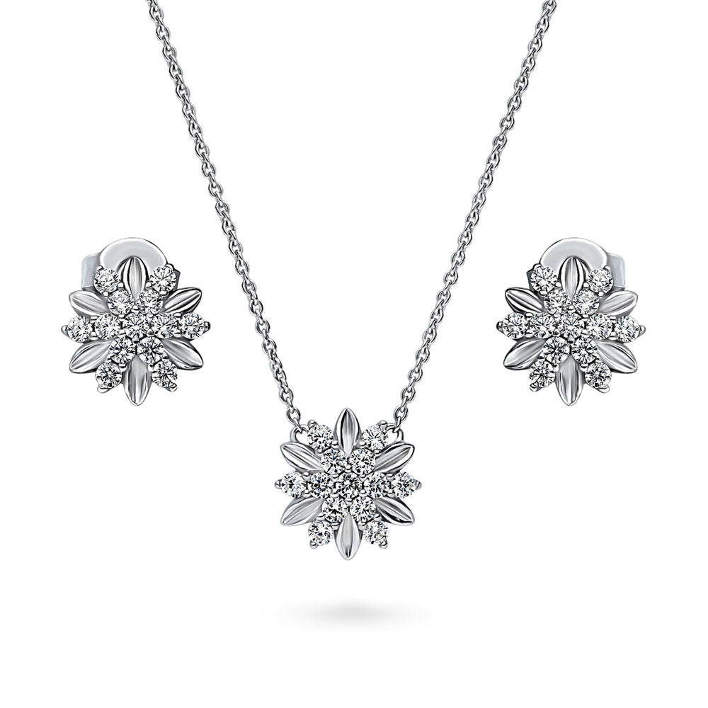 Flower CZ Necklace and Earrings Set in Sterling Silver