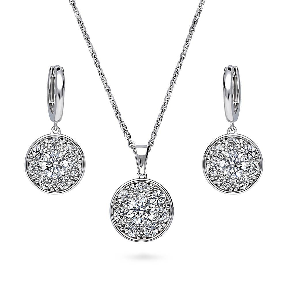 Flower Halo CZ Necklace and Earrings Set in Sterling Silver