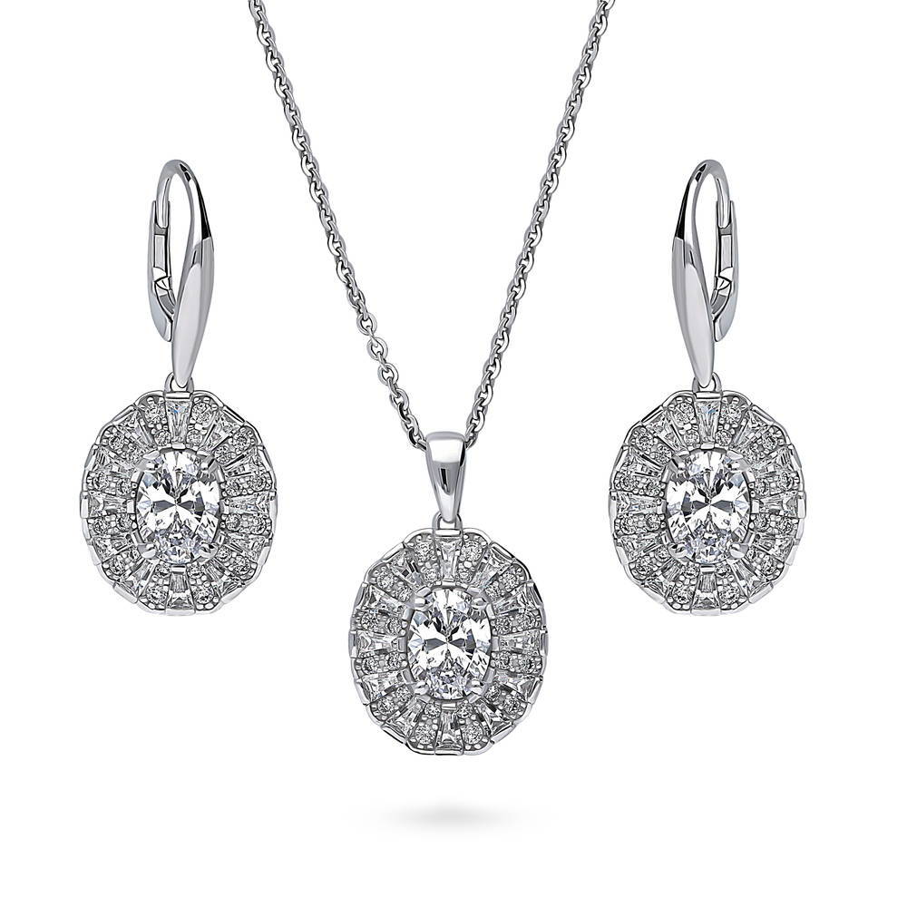 Halo Art Deco Oval CZ Necklace and Earrings Set in Sterling Silver