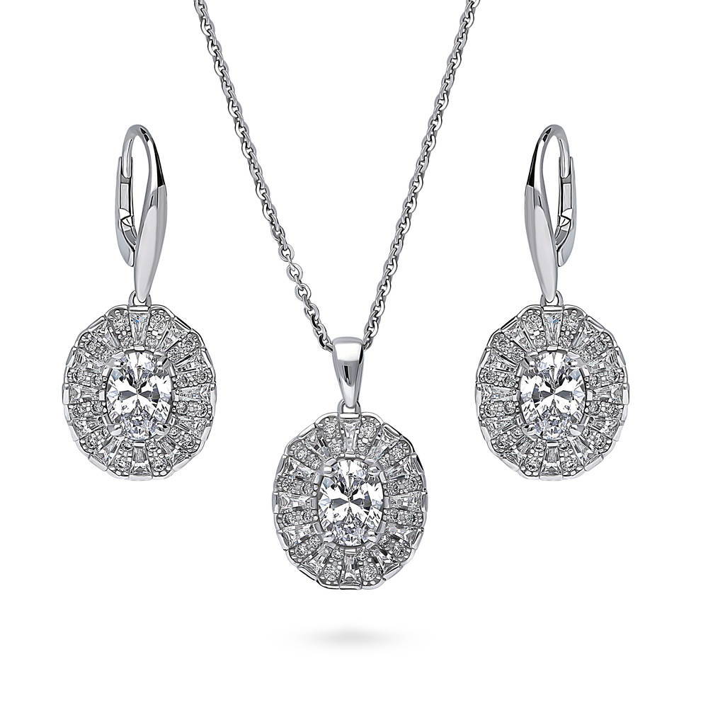 Halo Art Deco Oval CZ Necklace and Earrings Set in Sterling Silver, 1 of 10