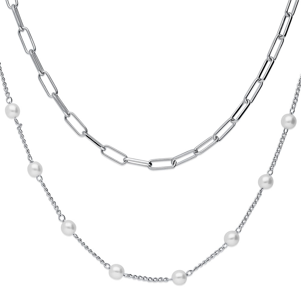 Front view of Paperclip Imitation Pearl Chain Necklace in Silver-Tone, 2 Piece