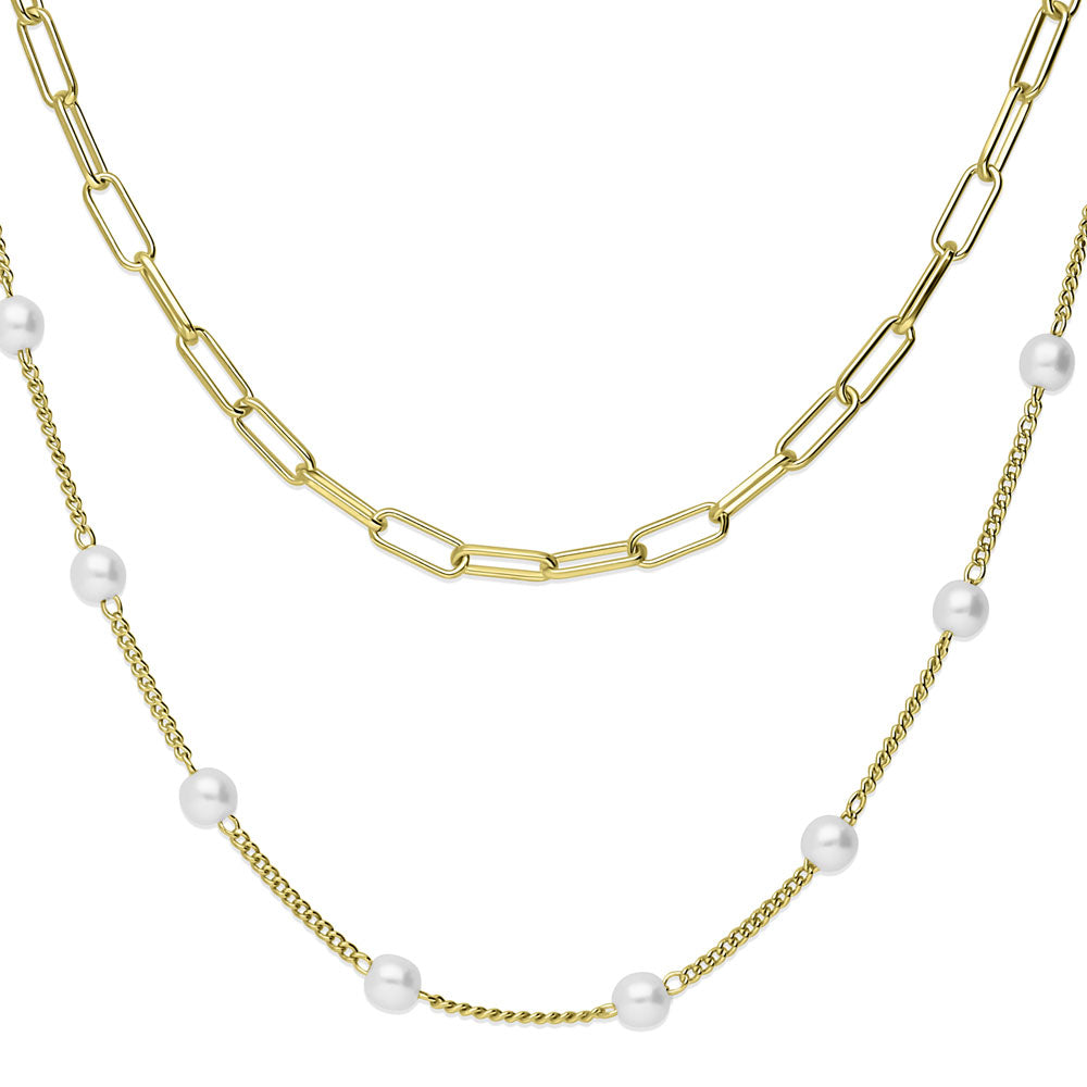 Front view of Paperclip Imitation Pearl Chain Necklace in, 2 Piece