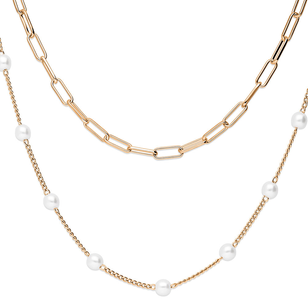 Front view of Paperclip Imitation Pearl Chain Necklace in Base Metal, 2 Piece