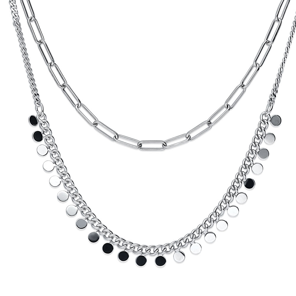 Front view of Paperclip Disc Chain Necklace in Silver-Tone, 2 Piece, 4 of 15