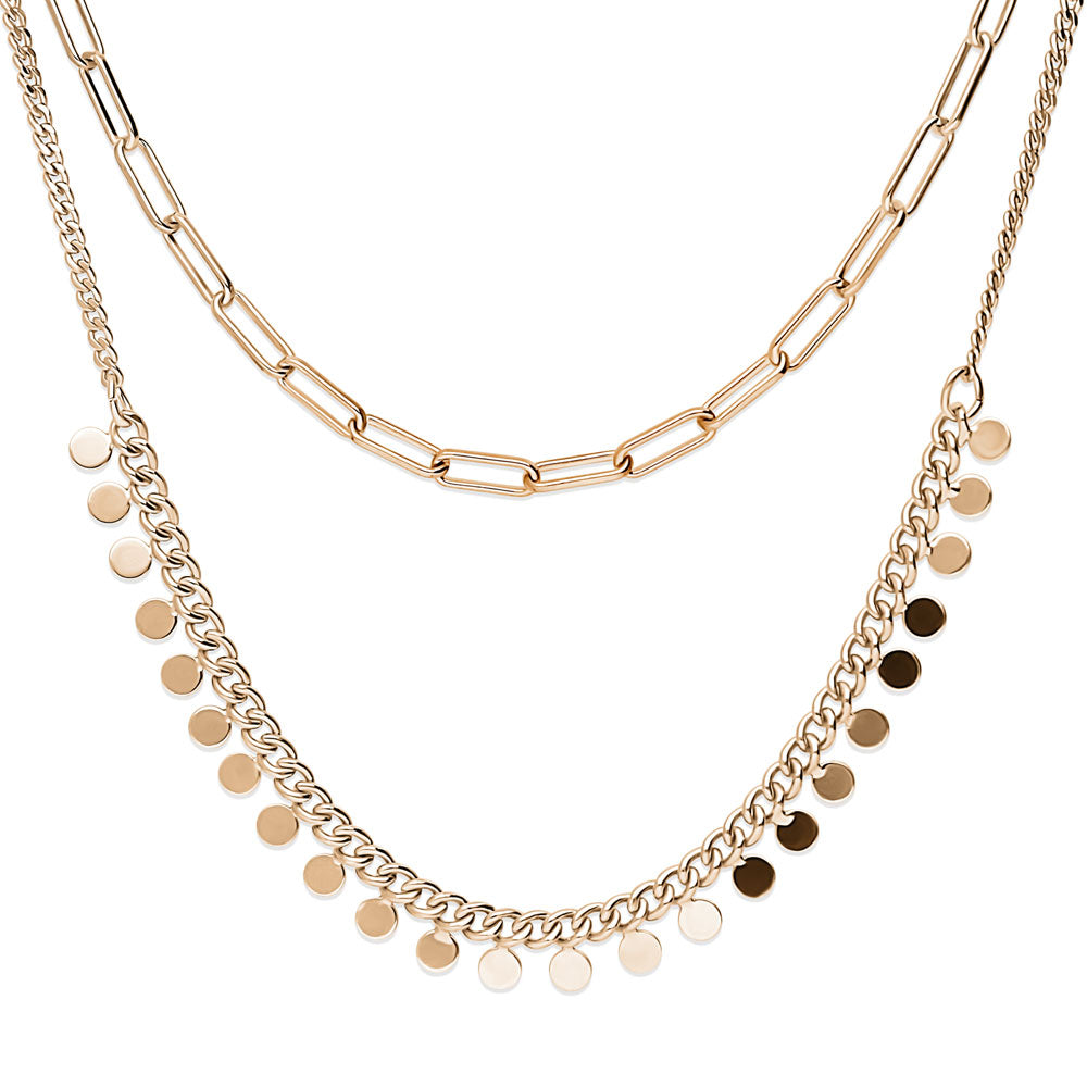Front view of Paperclip Disc Chain Necklace in Rose Gold Flashed Base Metal, 2 Piece