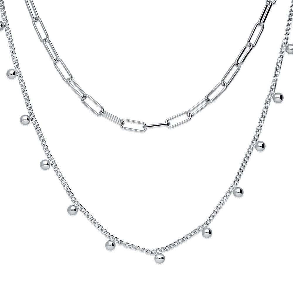 Front view of Paperclip Bead Chain Necklace in Silver-Tone, 2 Piece