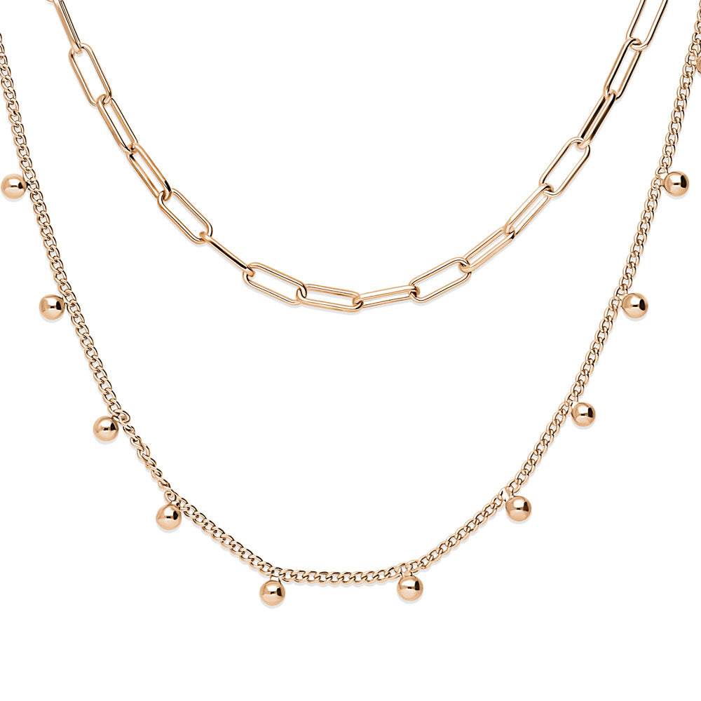 Front view of Paperclip Bead Chain Necklace in Rose Gold Flashed Base Metal, 2 Piece