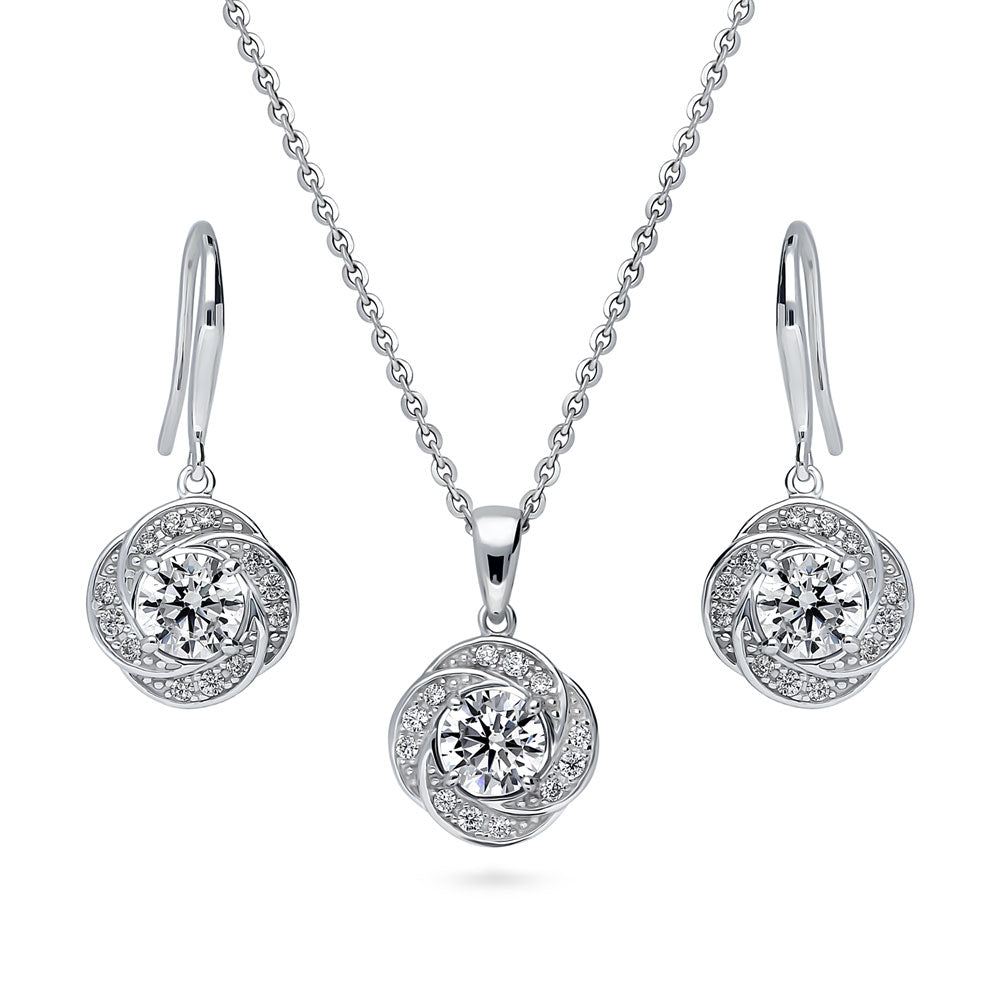 Flower Halo CZ Necklace and Earrings Set in Sterling Silver