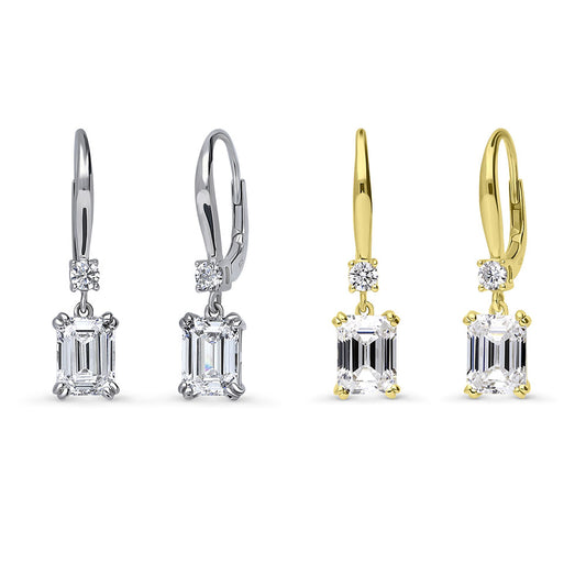 Solitaire 6.8ct Emerald Cut CZ Earrings in Sterling Silver, 2 Pairs