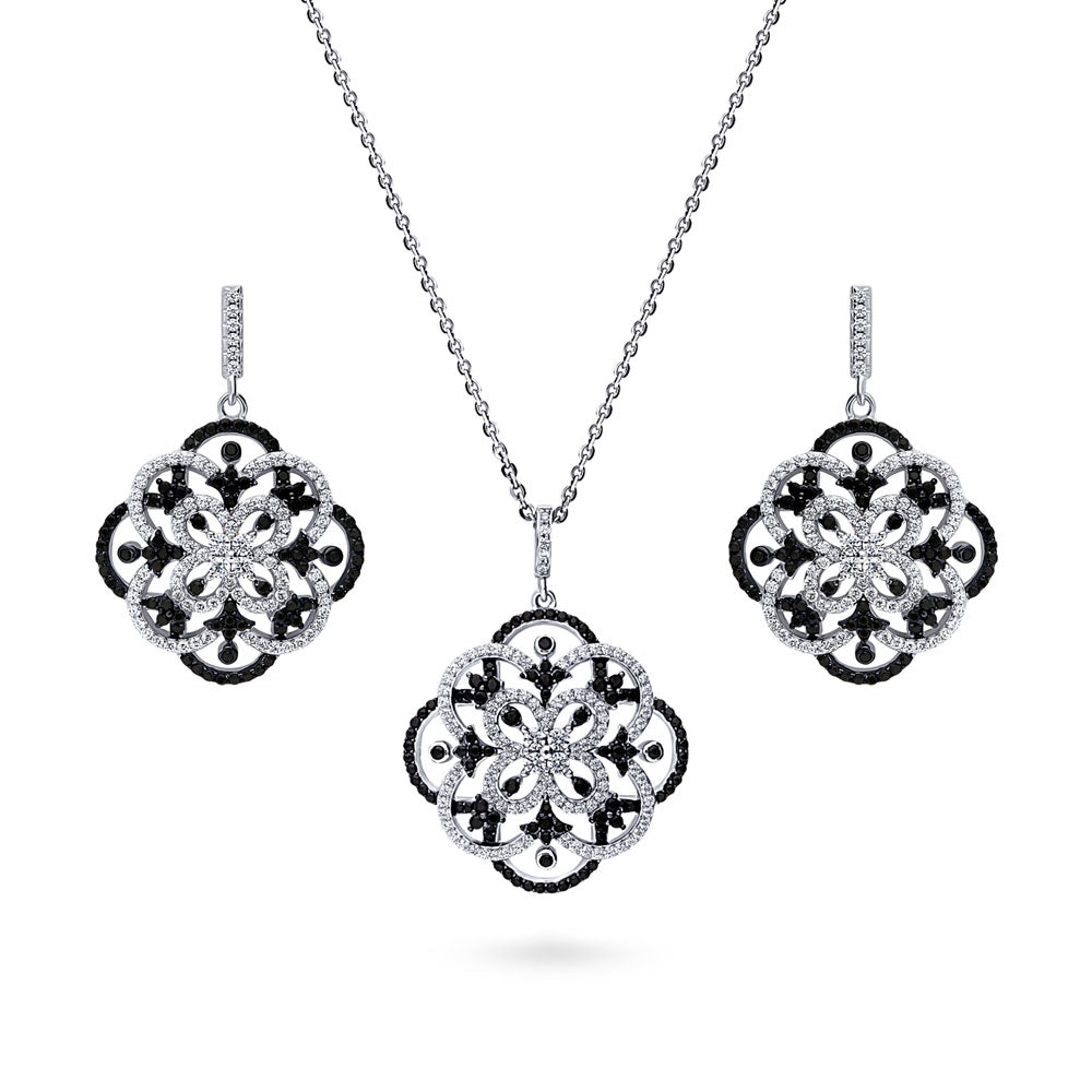 Black and White Flower CZ Necklace and Earrings Set in Sterling Silver