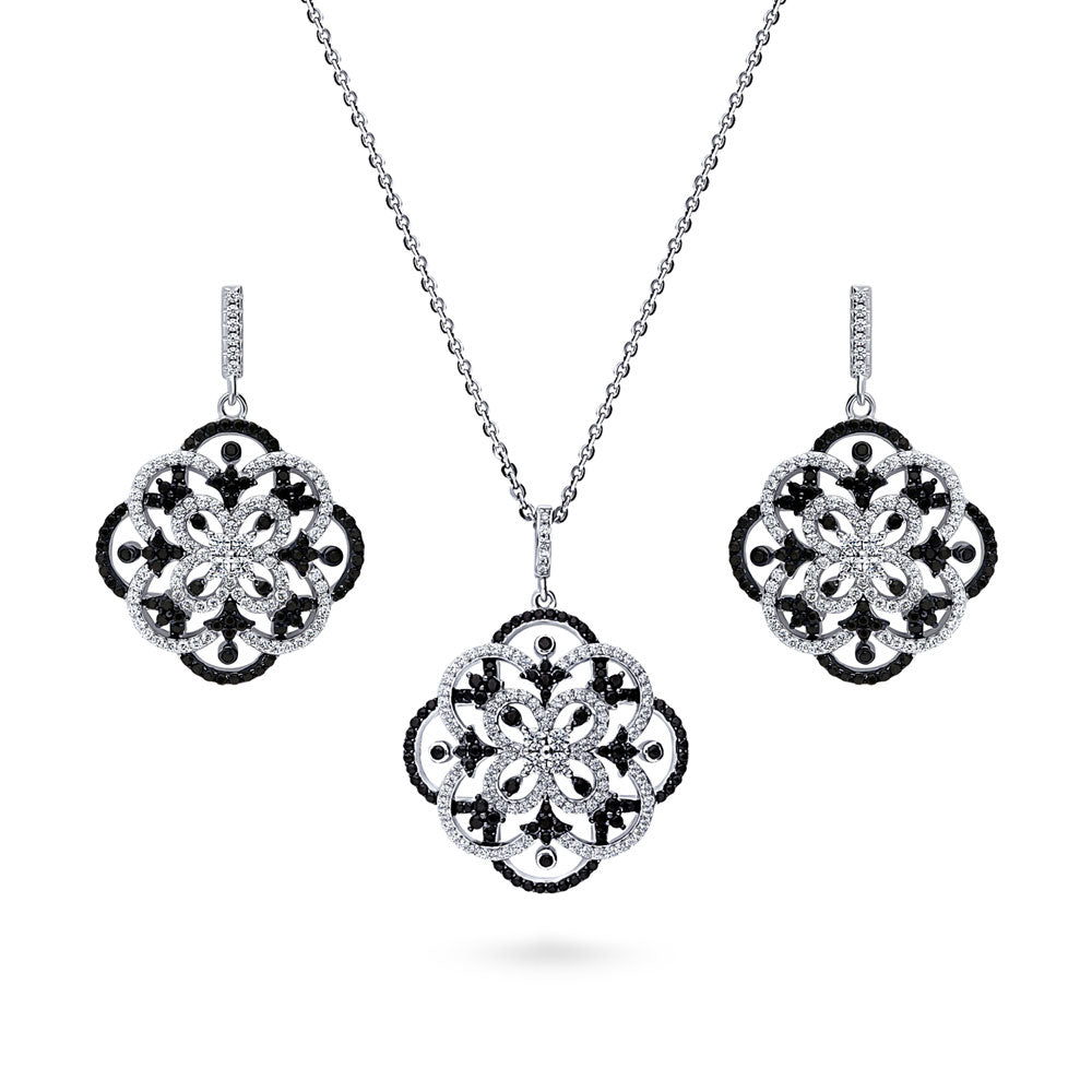 Black and White Flower CZ Necklace and Earrings Set in Sterling Silver, 1 of 12