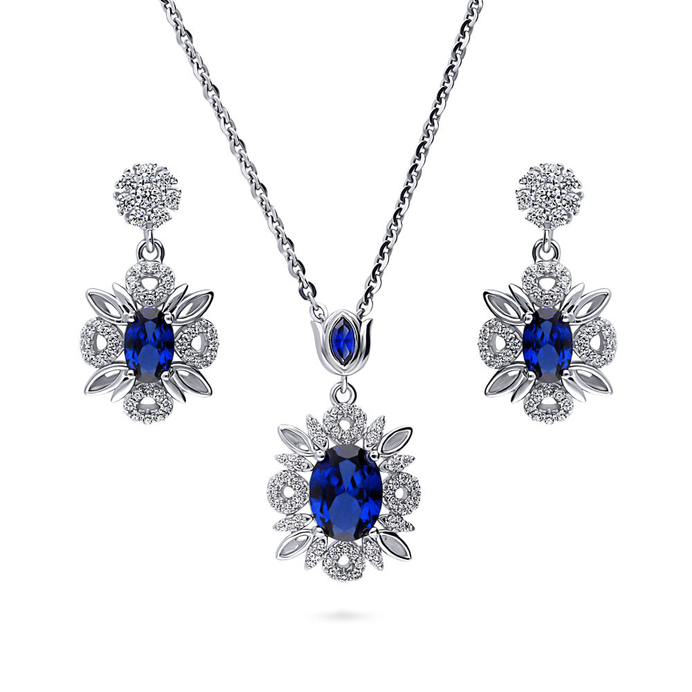 Flower Halo Simulated Blue Sapphire CZ Set in Sterling Silver, 1 of 12