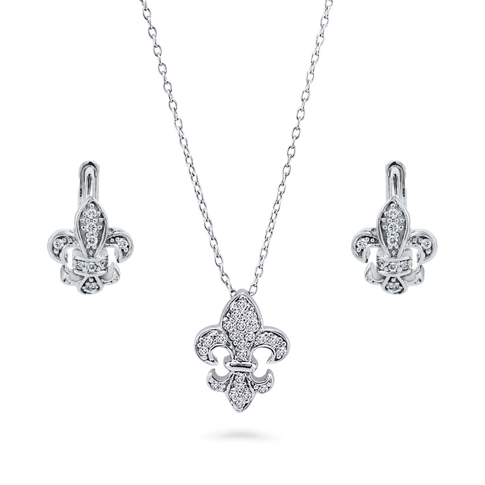 Fleur De Lis CZ Necklace and Huggie Earrings Set in Sterling Silver